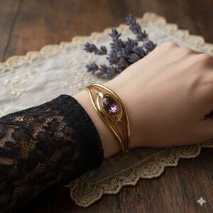 Vintage Signed R.F. Simmons Gold Tone Hinged Bangle Amethyst Glass Bracelet